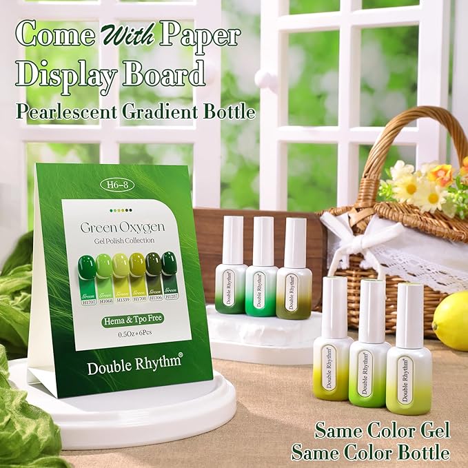 Double Rhythm 6 Pcs Hema Free Gel Polish Set 0.50 OZ Same Color Same Bottle Soak Off Neutral Natural Milky Gel Polish Kit Nail Art Manicure Salon DIY at Home (Lime Forset Green-H6-8)