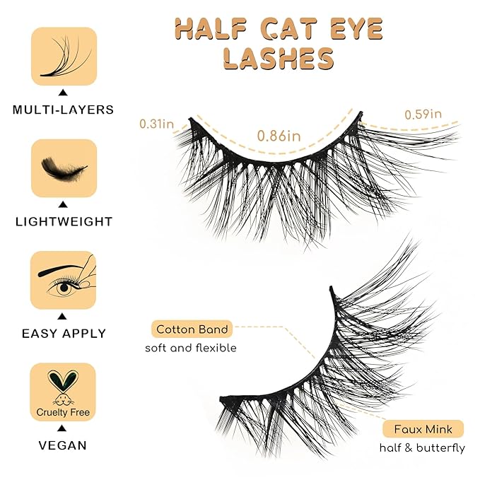 Half Lashes Wispy Cat Eye Strip Lash Cateye Fake Eyelashes Strips Natural False Mink Eyelash Pack Demi Wispies Thick 7-15mm Winged Half Pestañas Postizas for Women
