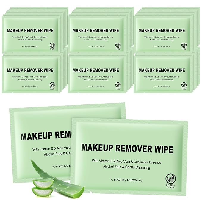Makeup Remover Wipes Individually Wrapped, 60 Pcs Facial Cleansing Towelette Travel Size, Alcohol-Free, Gentle for Removing Makeup, Oil, Dirt