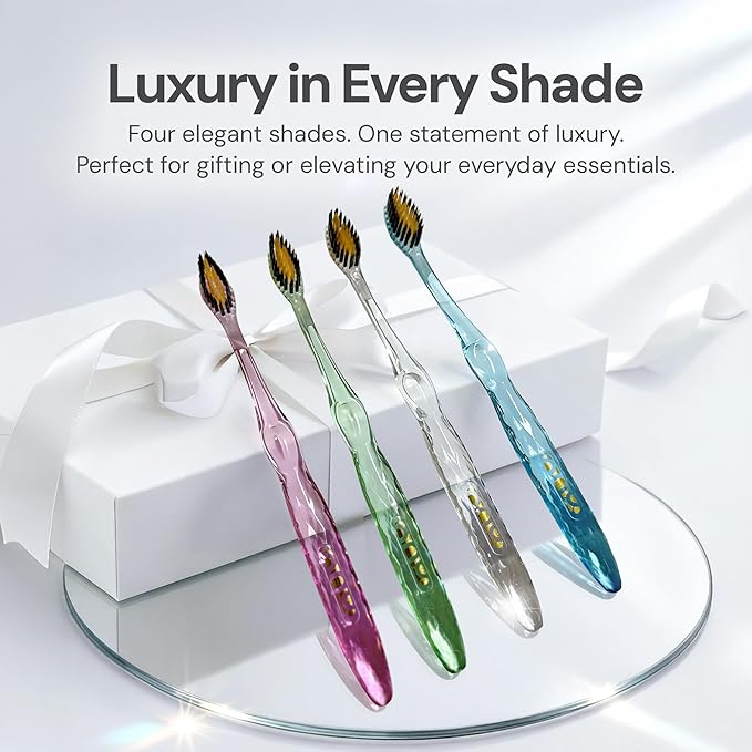 Nano-b Manual Toothbrush Set for Adults with Sensitive Gums, Gold & Charcoal Soft/Medium Bristles, Travel Cases, Blue, Pink, Green, Crystal, 12-Pack
