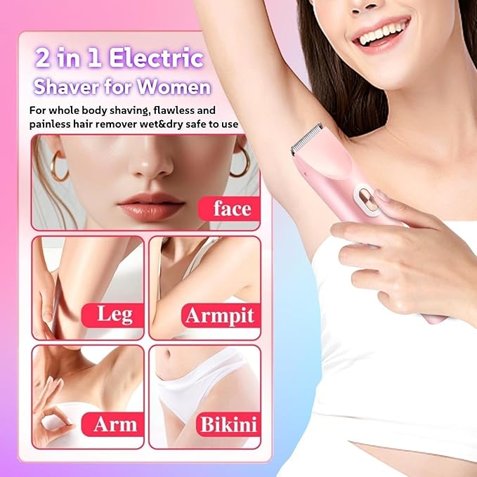 2025 New Glow Aura Bikini Shaver,2 in 1 Electric Shaver Dual Head Bikini Trimmer for Women, IPX67 Waterproof Wet & Dry Use Electric Razors for Women Pubic Hair,Underarms,Legs,Arms,Face (Pink)