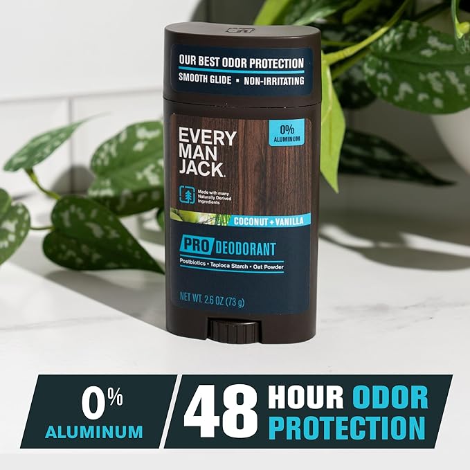 Every Man Jack Men's Pro Deodorant - 48-Hour Odor Defense Blend - Aluminum Free - Contains Postbiotics, Tapioca Starch & Oat Powder - Coconut + Vanilla Scent - 2.6 oz - 1 Pack