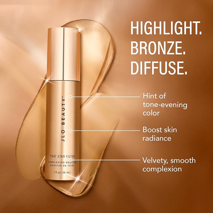 JLO BEAUTY Complexion Booster Highlighter & Bronzer for Face & Body, Lightweight Skin Care Makeup Primer with Vitamin E, Sheer Shimmer Skin Tint for a Dewy Glow, That Star Filter, Warm Bronze, 1 Fl Oz