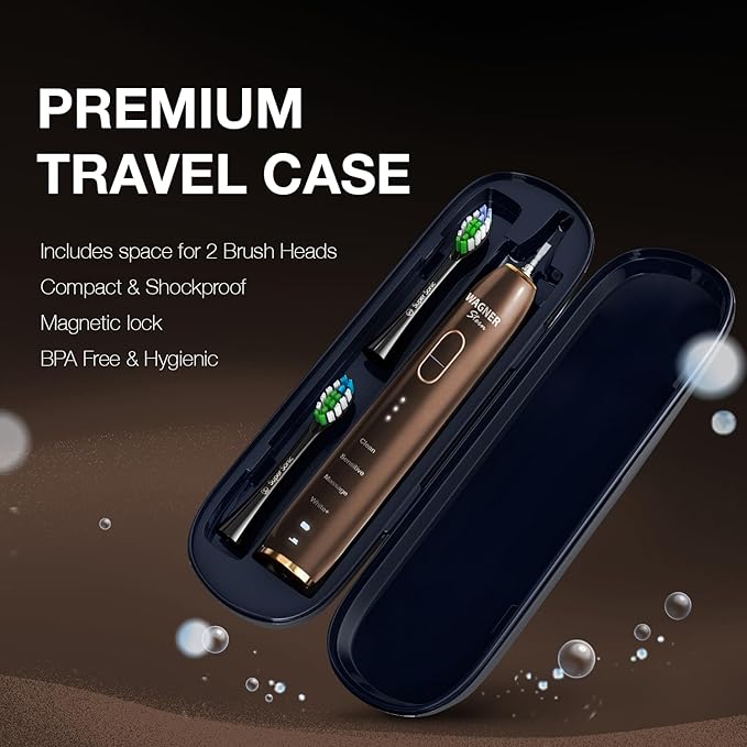 Wagner Stern IntelliBrush Series Whitening Electric Toothbrush with Pressure Sensor. Offers 4 Brushing Modes, 3 intensities, 8 Soft Brush Heads, and a Luxury Travel case.