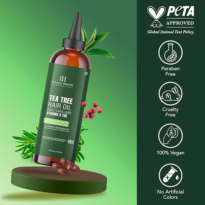 Botanic Hearth Hair Oil for Hair Growth | Strengthening Dry, Frizzy, Damaged Hair & Scalp Treatment | No Parabens or Harmful Sulfates | All Hair Types | Tea Tree Hair Oil - 4 Fl Oz