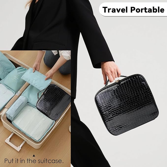 SLUMAZI Travel Makeup Bag Makeup Cosmetic Train Case Organizer Portable Storage Bag with Adjustable Dividers for Cosmetics Makeup Brushes Toiletry Jewelry Black Crocodile Pattern