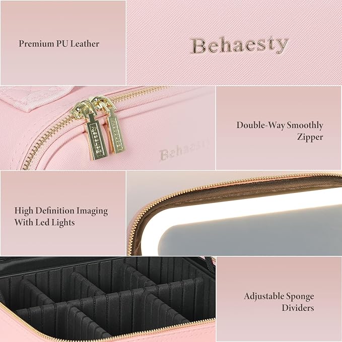 Behaesty Travel Makeup Bag with LED Lighted Mirror, Cosmetic Makeup Organizer Bag with 3 Color Setting, Makeup Train Case with Adjustable Dividers for Women Makeup Brushes Jewelry Accessories (Pink)