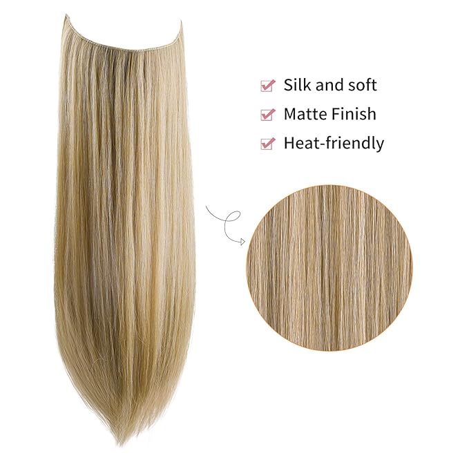 REECHO Invisible Wire Hair Extensions with Transparent Headband Adjustable Size Removable Secure Clips in Straight Secret Hairpiece for Women (24 Inch (Pack of 1), Honey Bronde)