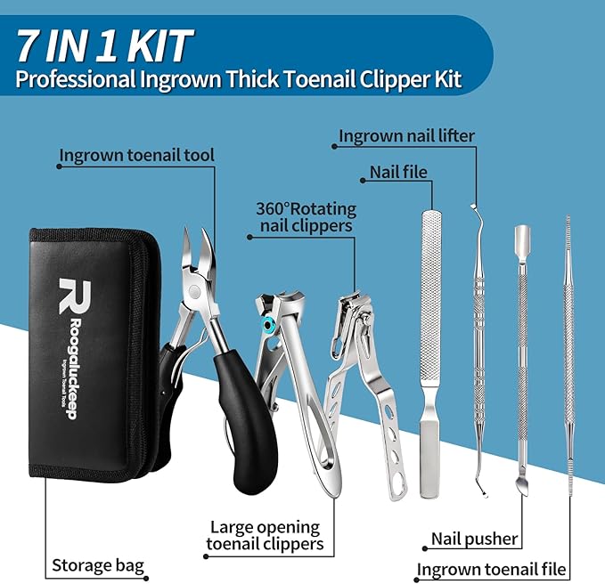 7-Piece Professional Stainless Steel Ingrown Toenail Removal Kit, Ingrown Toenail Treatment Set, Toenail Clippers for Thick Toenails, Heavy Duty Nail Clippers Tools for Adult Seniors Home Foot Care