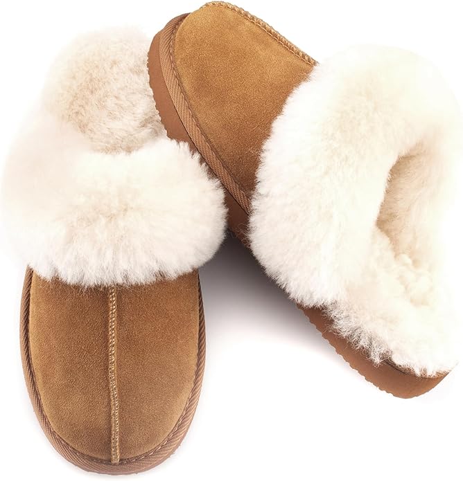 Parfeying Women's Shearling Slippers Genuine Leather with Rubber Sole, Sheepskin Fuzzy Indoor Outdoor Shoes for Home