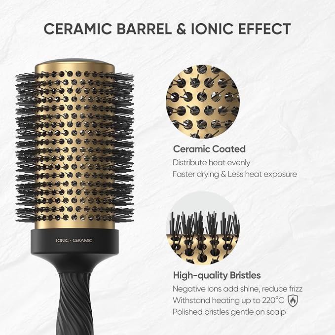 2 in 1 Ceramic Round Brush for Blow Drying,Ceramic Barrel for Hair Styling, Polished Bristles, Enhance Texture Volume, for Women & Men,with 4 Hair Clips (2.1 Inch&1.3 Inch)