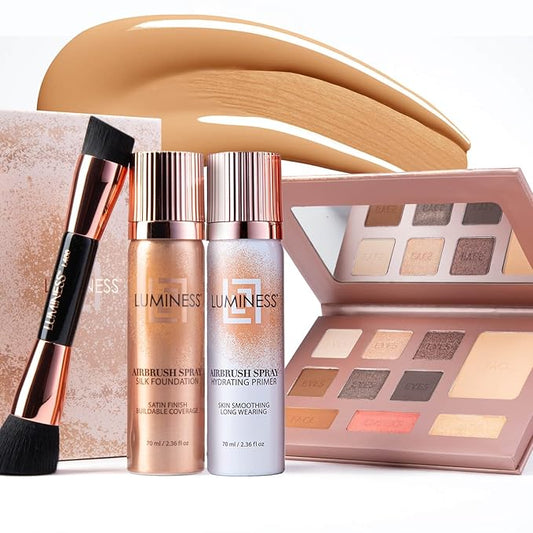 LUMINESS Complete Makeup Kit - Includes Face Palette, Airbrush Foundation, Primer and Brush - Silky, Long-Wearing, Easy to Blend, Perfect Makeup for Older Women, 4-PC Make Up Set (04 - Medium)