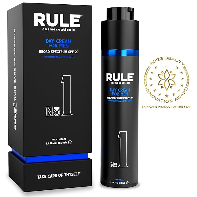 RULE COSMECEUTICALS No.1 Day Cream for Men, 10-in-1 Anti-Aging Face Moisturizer to Reduce Wrinkles & Dryness, SPF 20, Collagen, Vitamins B, C & E - Normal & Dry Skin - Original, 50 mL
