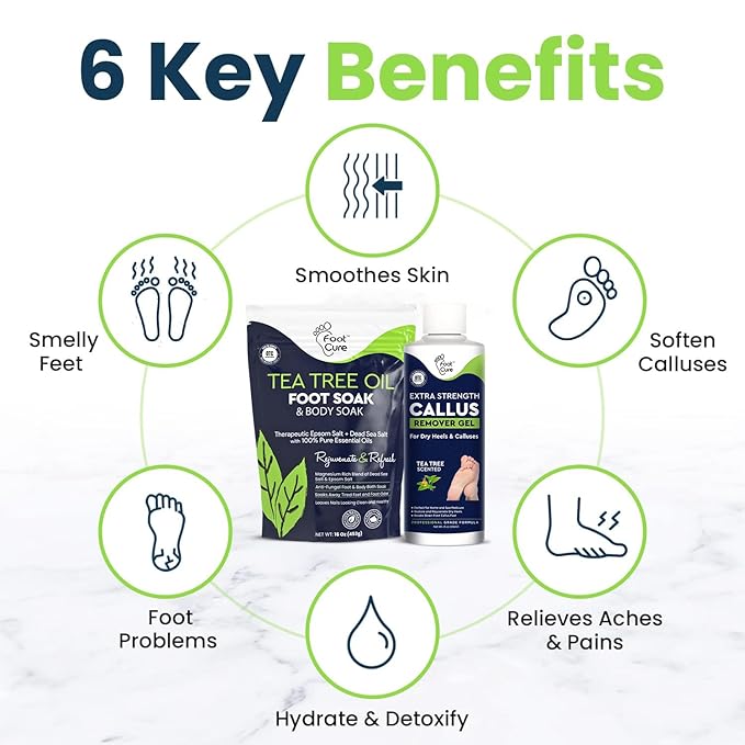 Tea Tree Foot Soak & Callus Remover Gel Kit - Extra Strength Callus Remover Gel & Foot Soak With Epsom Salts For Calluses, Dry Cracked Heels, Toenail - Pedicure for Tired Feet