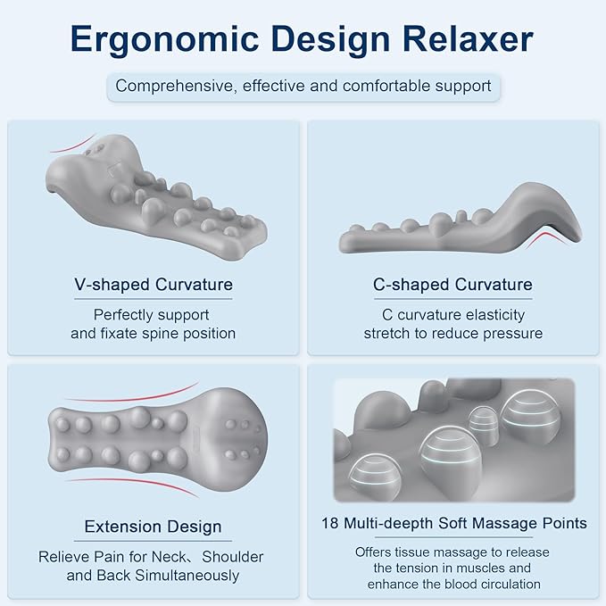 Neck and Shoulder Relaxer with Upper Back Massage Point, Cervical Traction Device Neck Stretcher for TMJ Pain Relief and Cervical Spine Alignment Chiropractic Pillow (Light Gray)