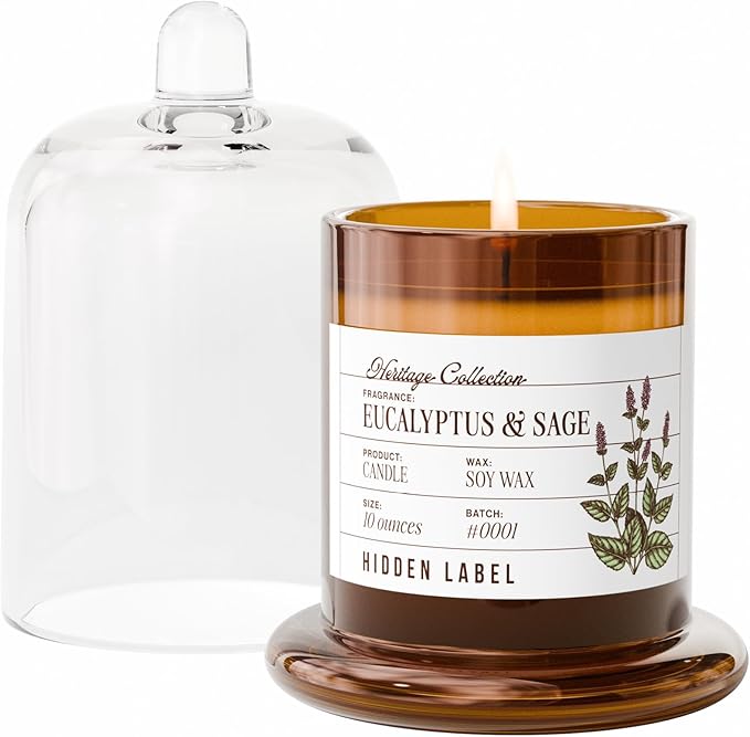 Hidden Label Eucalyptus & Alpine Sage Scented Candle - 10oz Non Toxic Candles for Home Scented with Clear Bell Jar, Natural Soy Wax Aromatherapy Candle for Spa/Yoga/Meditation & Stress Relief Gifts