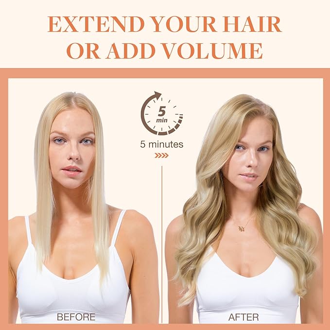 GOO GOO Invisi Edge Clip in Hair Extensions Set, 14inch 110g, 5pcs Injected Seamless PU Clip ins and 2pcs Classical PU Clip ins, Virgin Real Human Hair, #(T17/22) P60