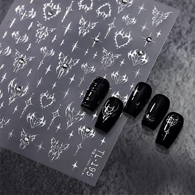 5D Embossed Heart Nail Art Stickers Self-Adhesive Silver Butterfly Nail Stickers for Nail Art Rhinestones Nail Decals Sliver Heart Nail Supplies Sliver Manicure Decorations for Women Girls