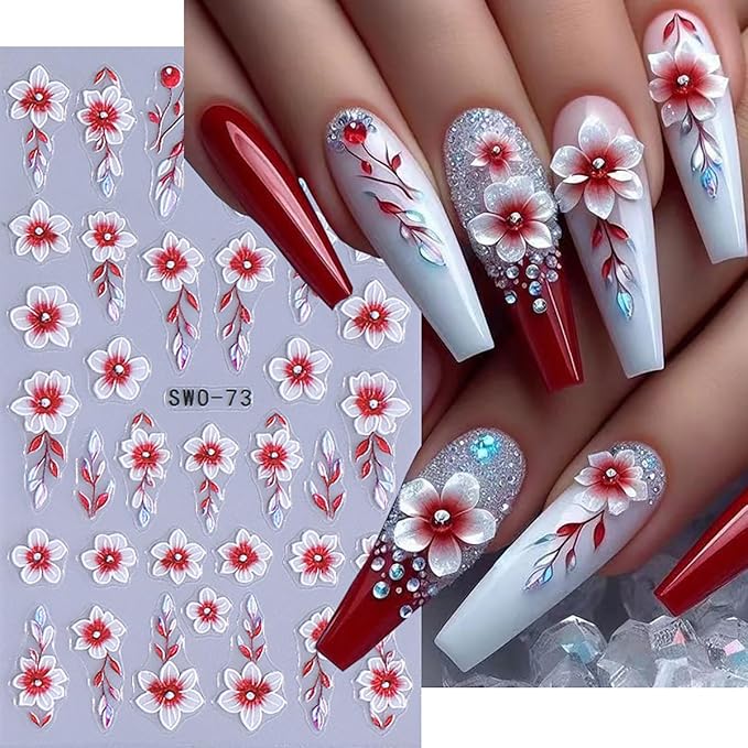 4 Sheets Flowers Nail Stickers 3D Self Adhesive Floral Nail Art Stickers Design Spring Summer Floral Leaf Plant Nail Supply Flower Nail Decals for Women Girls DIY Manicure Decoration