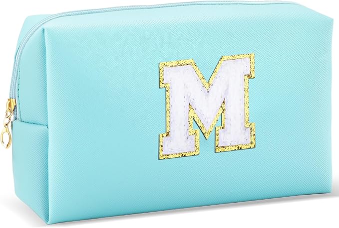 URSKYTOUS Gifts for Girls Initial Makeup Bag Personalized Cosmetic Bag with Zipper Cute Travel Toiletry Bag Waterproof PU Preppy Makeup Pouch Birthday Gift for Teen Girls Women(Blue M)