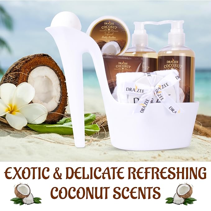 Valentine's Day Gifts for Her - 8 Pcs Luxury Coconut Scented Heel Shoe Bath and Body Spa Basket - Shower Gel, Bubble Bath, Body Butter, Lotion & More - Gift for Women, Mom, Wife, Girlfriend by Draizee