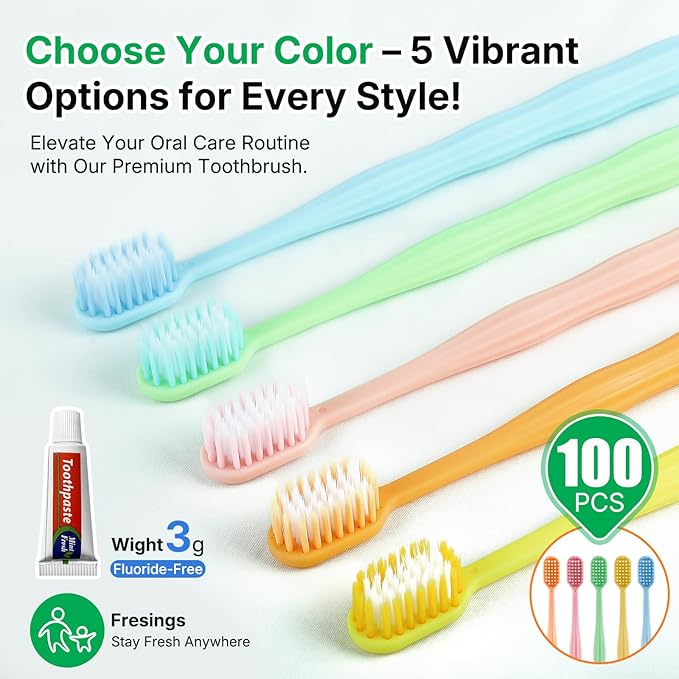 100 Pack Disposable Toothbrushes with Toothpaste, Individually Wrapped, Soft PBT Bristles, Peanut Grip Handle, Fluoride-Free, Bulk Travel Kit for Hotel, Guests, Emergency, Adults & Kids