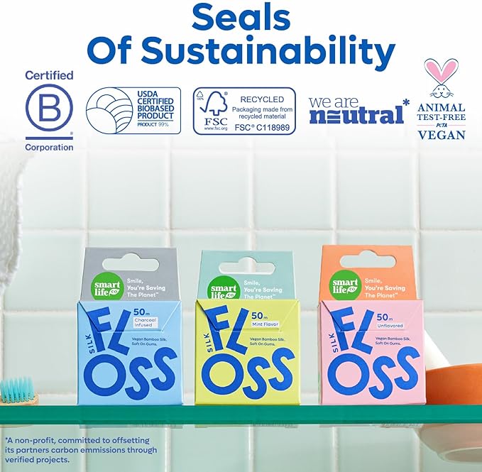Vegan Bamboo Silk Floss - Pure Plastic Free Woven Dental Floss Thread | Zero Waste Eco-Friendly Oral Care | Natural PFA Free String for Adults & Kids Tight Teeth | Soft Easy Glide - Mint 55yds