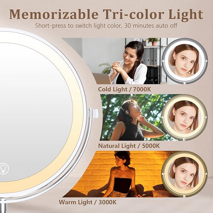 9inch Wall Mounted Makeup Mirror with Lights, 1x/20x 5000mAh Rechargeable Magnifying Mirror with Light, 360° Rotate Bathroom Mirror with Lights, 3 Color, 80 LEDs, Stepless Dimmable