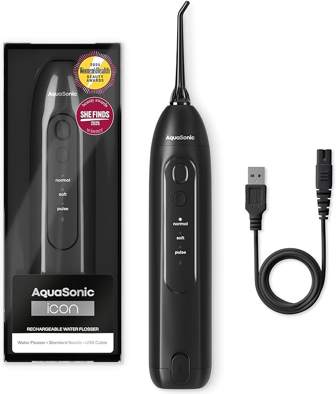 AquaSonic Icon Water Flosser for Teeth – Cordless Rechargeable Oral Irrigator – Waterproof, Portable Dental Cleaning with Jet Tip – Braces Home Travel - Onyx