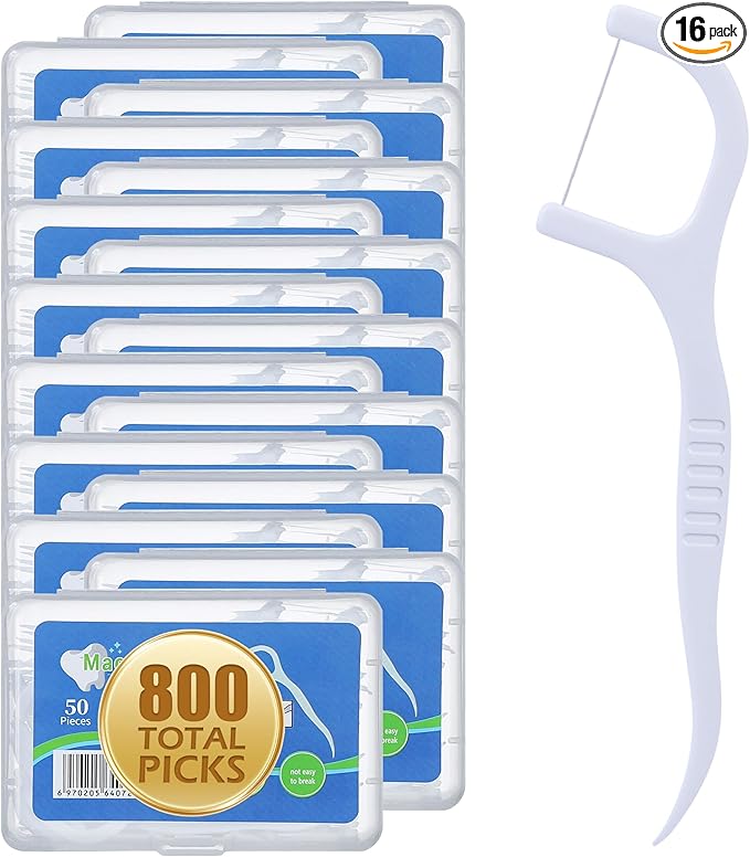 Aussumy 800 Count Dental Floss Picks – Built-in Toothpicks for Deep Cleaning, Comfortable Handle to Remove Plaque & Protect Gums – Family Pack with 50 Picks per Portable Case for Adults & Kids