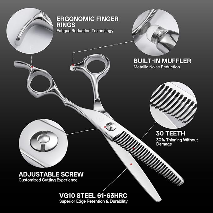 6” Professional Hair Thinning Scissors, VG10 Steel, 30 Teeth Blending Shears with 30% Thinning Rate, Lightweight Ergonomic Design for Barbers, Stylists & Home Use