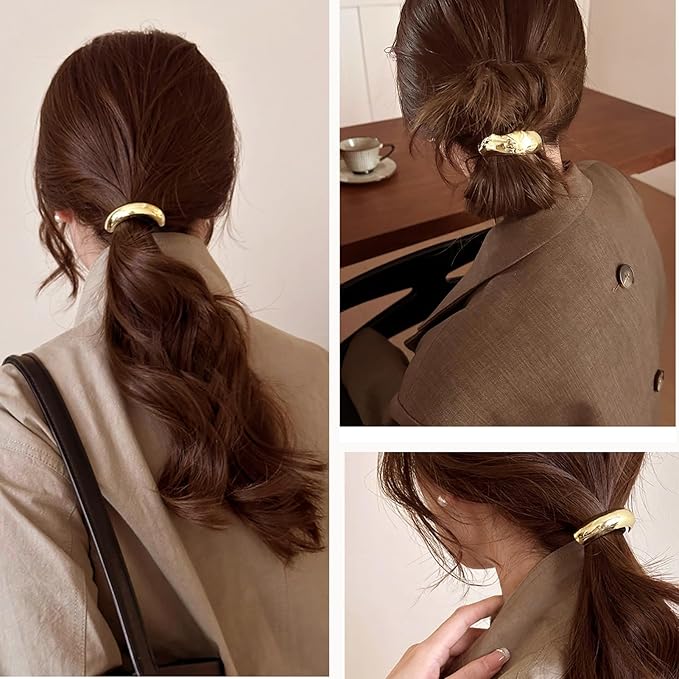 4PCS Golden Metal Hair Ties – No Damage Thick Band, High Elasticity, Durable, Stylish Golden Geometric Ponytail Holders Hair Accessories for Women