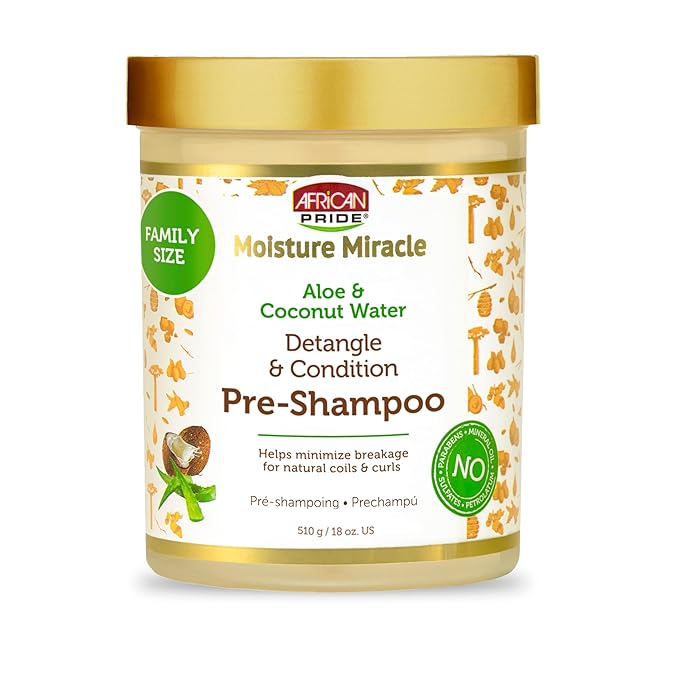 African Pride Moisture Miracle Pre-Shampoo Hair Detangler with Aloe & Coconut Water | Minimizes Breakage, Hydrates & Strengthens | Pre-Poo Treatment for Natural Coils & Curls | 18 oz.