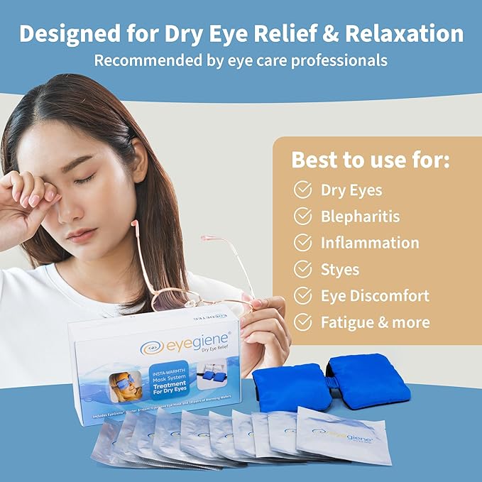 EYEGIENE System - Self Heating Eye Mask – Warm Compress for Eyes, Multi-Use Heat Treatment for Dryness, Fatigue, Styes, Blepharitis, Portable Heated Eye Mask for Dry Eyes, 10 Pair Wafers & 1 Mask