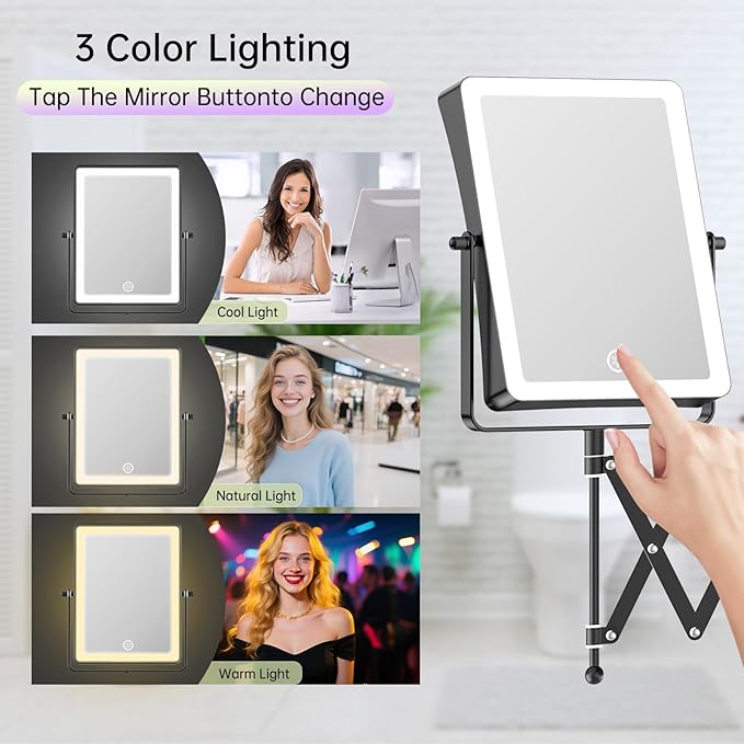 FASCINATE 5000mAh Rechargeable Wall Mounted Makeup Mirror with Lights, 8.7 Inch Double Sided Touch Switch 1X 30X Magnifying Bathroom Mirror, 3 Color Lights, Extended Arm 360°Rotation (Black)