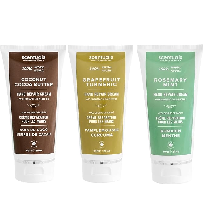 Scentuals Hand Cream Set of 3, with Shea Butter, Cocoa Butter, Argan & Almond oil, Moisturizing Dry Hands, (Grapefruit Turmeric + Rosemary Mint + Coconut Cocoa Butter) 60 ml (2 fl.oz.) x 3