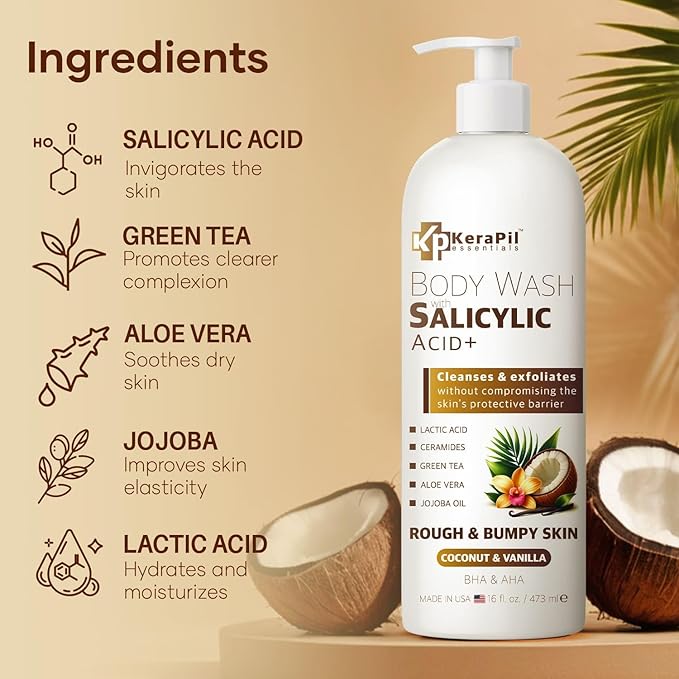 KERAPIL Exfoliating Body Wash with Salicylic Acid - No Dry Out, Gentle Exfoliates Rough and Bumpy Skin, Body Acne Wash, BHA & AHA - Coconut and Vanilla with Salicylic Acid - (16 fl oz)