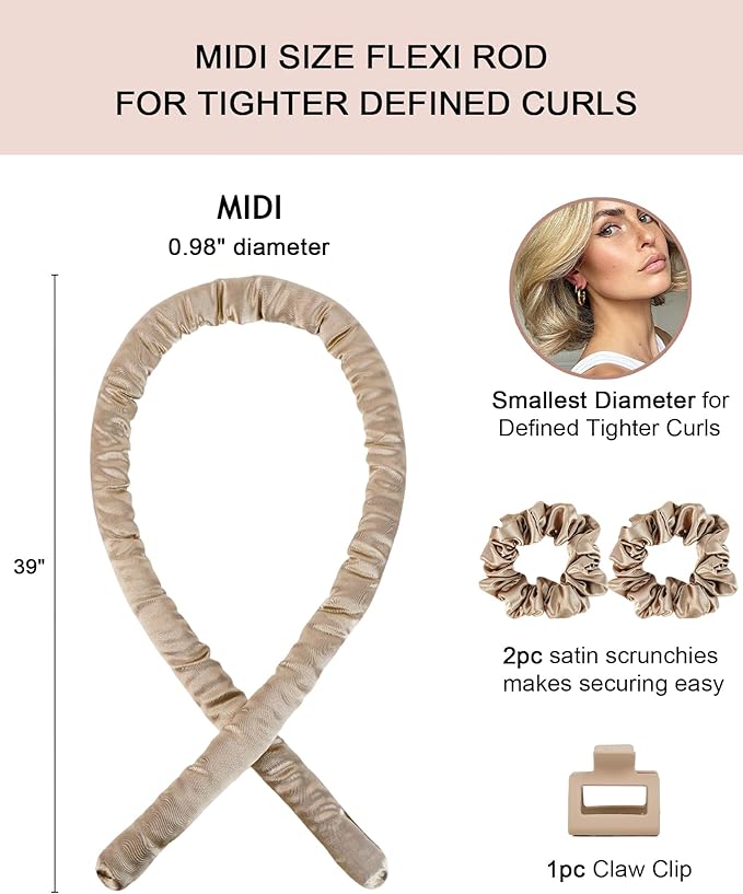 Midi Heatless Curls Overnight Hair Curlers to Sleep In Small Hair Rollers for Short Medium Hair No Heat Overnight Curls, Soft Satin Flexi Rods Heatless Curling Rod Set Styling Tools for Women