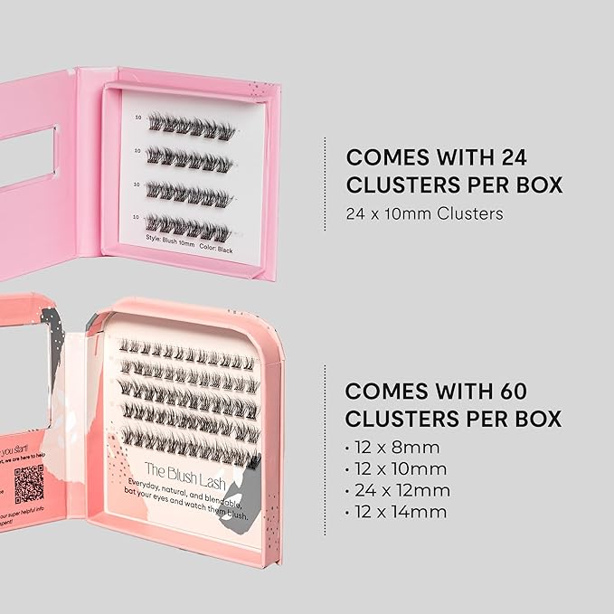 Silly George PopOn Lash 84 Cluster Pre-Glued Featherlight Bionic Silk 5 to 10 Day Wear Press-On Lash Bundle with 60 Pack MultiLength Plus 24 Pack Single Size Black Blush 10mm
