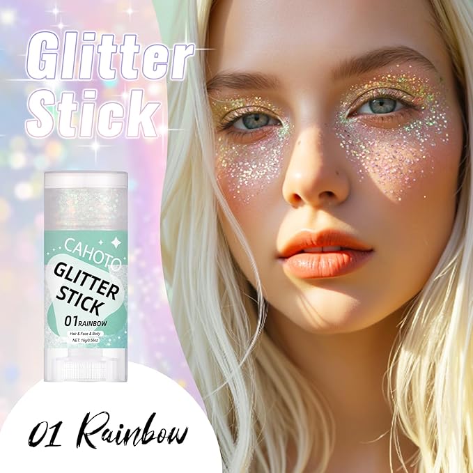 Rainbow Face Body & Hair Glitter Stick for Singer Concerts Outfit, Iridescent Glitter Gel for Women, Sparkling Holographic Chunky Sequins for Christmas Rave Festival Halloween Carnival, 0.56oz