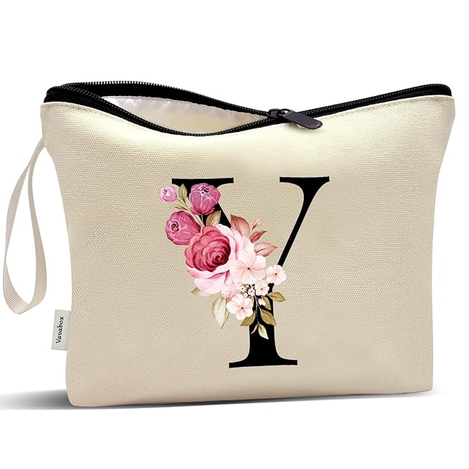 Vavabox A-Z Personalized Makeup Bag, Birthday Gifts for Women Mom, Gifts for Best Friend, Bride Bridesmaid Cosmetic bag (Y, Yellow)