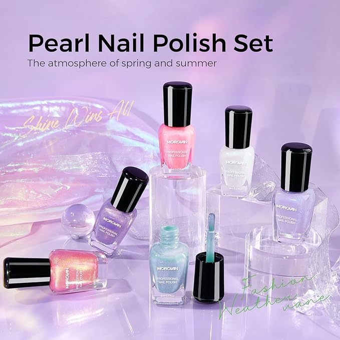 Morovan Pearl Nail Polish Set: Aurora Ombre Shimmer Iridescent Mermaid Spring Pastel Fingernail Polish Kit Blue Purple Pink Glitter Sparkle Quick Dry Nail Art Design Gift for Women Girls
