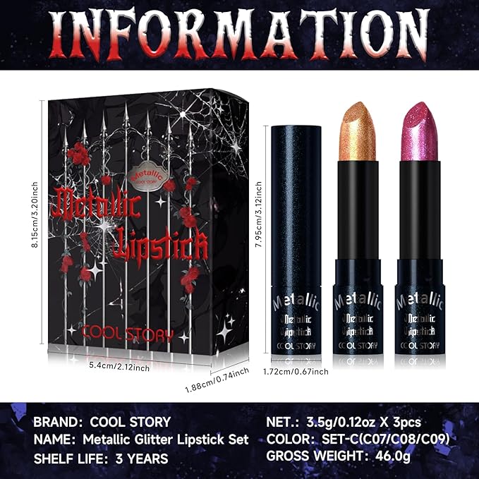 Metallic Glitter Lipstick Set Shimmering Colors Long Lasting Waterproof Plump Matte Moisturizing (Set-C)