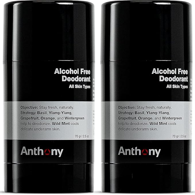 Anthony Alcohol-Free Aluminum-Free Deodorant for Men, Non-Irritating Cool Gel Stick for Sensitive Skin, Sport Strength Formula Prevents Odor All Day, Clear Stain-Free Finish, 2.5 Fl Oz Each, Pack of 2
