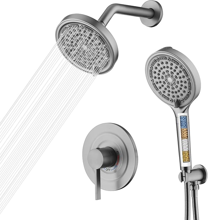 SUMERAIN Brushed Nickel Rainfall Shower System with 6-Spray Handheld Filtered Shower Head, Shower Faucet Complete with Rough in Valve