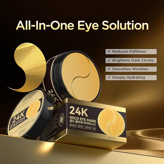 ZZILME 24k Gold Eye Patches - Firming, Glowing & Hydrating Hydrogel Mask for Puffy Eyes, Dark Circles, Wrinkles, Eye Bags Treatment, Fine Lines, Korean Skincare Gifts for Men and Women, 60Pcs