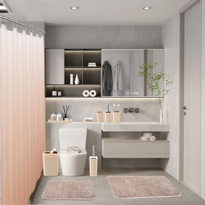 XLHOMO Bathroom Accessory Set–Bathroom Sets with Shower Curtain and Rugs, No Slip Bathroom Rugs Super Absorbent, Beige Ombre Water-proof Shower Curtain with Hooks, Pink Bathroom Sets Complete for Home