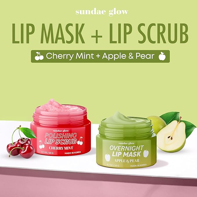 Sundae Glow Lip Mask & Scrub – Apple, Pear, Cherry & Mint – Hydrates, Exfoliates, Softens, Repairs Dry & Chapped Lips – Dermatologist Tested, Korean Skin Care – Vegan, Clean Beauty – Duo Pack