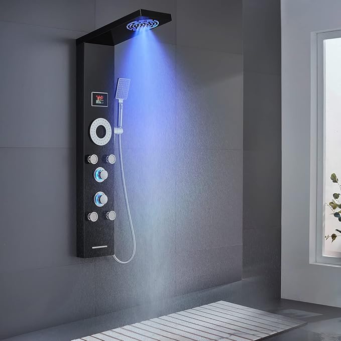 TSIBOMU LED Shower Panel Tower System, 304 Stainless Steel Bathroom Shower Tower with 3 Body Massage Jets, Shower Column Wall Mounted