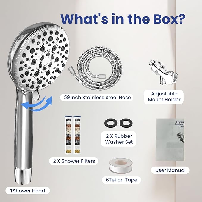 Shower Head with Handheld, Shower Heads High Pressure, Shower Head with Filter-Hand Held Showerhead Set,7 Modes Filtered Showerhead with 59″Replacement Hose/Bracket/Filters (Chrome)